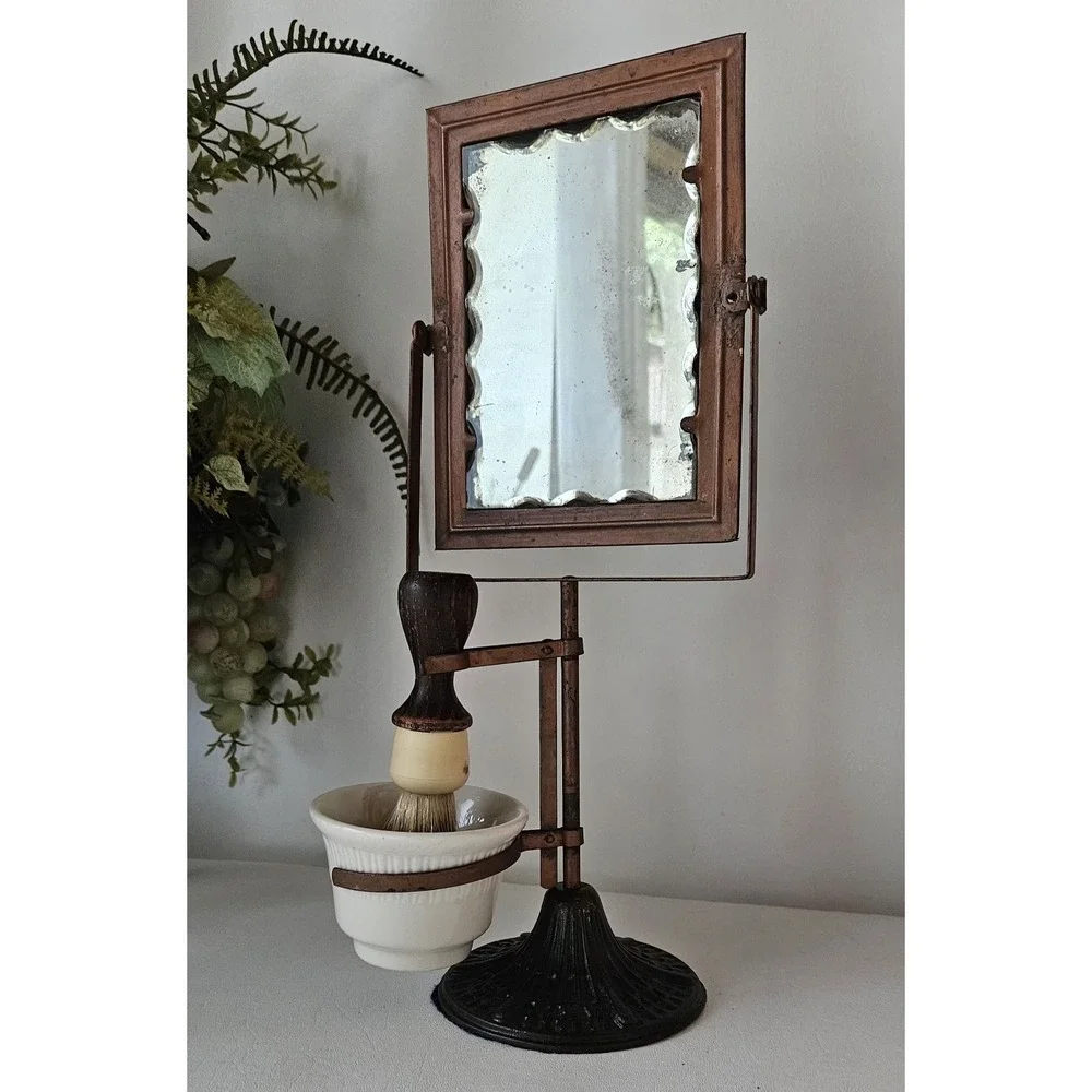 Antique Shaving Set Scalloped Edge Mirror Mug & Brush Holder Americana